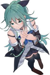 Rule 34 | 1girl, bare shoulders, black ribbon, black serafuku, black skirt, black thighhighs, blue neckerchief, blue ribbon, brown footwear, detached sleeves, from above, gegeron, green eyes, green hair, hair between eyes, hair ornament, hair ribbon, hairclip, highres, kantai collection, long hair, looking at viewer, mary janes, neckerchief, parted bangs, pleated skirt, ponytail, ribbon, school uniform, serafuku, shoes, sidelocks, simple background, skirt, solo, thighhighs, white background, yamakaze (kancolle)