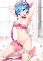 Rule 34 | 1girl, :d, absurdres, armpits, arms up, ayamy, bandeau, bare arms, bare shoulders, barefoot, bed sheet, blue hair, blush, bottomless, bow, bowtie, bra, breasts, bridal garter, cleavage, curtains, day, detached collar, eyes visible through hair, flower, frilled bra, frilled hairband, frills, full body, hair between eyes, hair flower, hair ornament, hair over one eye, hairband, hairclip, head tilt, highres, indoors, kneeling, lolita hairband, looking at viewer, medium breasts, navel, no panties, open mouth, petals, pink bow, pink bowtie, pink bra, pink hairband, re:zero kara hajimeru isekai seikatsu, rem (re:zero), ribbon, shadow, short hair, skirt, skirt around one leg, smile, solo, stomach, strapless, strapless bra, thigh strap, thighs, underwear, window, x hair ornament