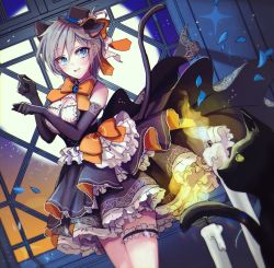 Rule 34 | 1girl, anastasia (idolmaster), animal ears, black cat, blue eyes, breasts, candle, cat, cat ears, cat tail, cleavage, elbow gloves, fire, fire, frills, full moon, gloves, grey hair, halloween, hat, highres, idolmaster, idolmaster cinderella girls, bridal garter, mini hat, mini top hat, moon, neck ribbon, ribbon, rum raisin (chihiromakita19), smile, solo, tail, top hat