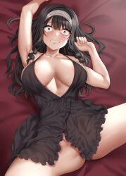 Rule 34 | 1girl, armpits, bed sheet, black dress, black hair, breasts, cleavage, clenched teeth, commentary request, dress, drill hair, hairband, highres, jack dempa, large breasts, long hair, looking at viewer, lying, natsukawa kuroba, no panties, on back, original, scared, sleeveless, sleeveless dress, solo, spread legs, teeth, twin drills, white dress, white hairband