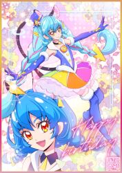 Rule 34 | 1girl, animal ears, black choker, blue gloves, blue hair, braid, cat ears, cat girl, choker, commentary request, cure cosmo, fur-trimmed gloves, fur trim, gloves, hat, kamikita futago, long hair, magical girl, mini hat, mini top hat, multicolored clothes, official art, orange eyes, precure, rainbow skirt, smile, star twinkle precure, tail, tail ornament, tail ring, top hat, twin braids, yuni (precure), yuni (princess connect!)