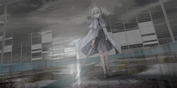 Rule 34 | 1girl, black footwear, black necktie, blue eyes, chihuri, closed mouth, cloud, cloudy sky, collared shirt, commentary request, day, ende (chihuri), grey hair, grey skirt, grey vest, hair between eyes, highres, holding, holding sword, holding weapon, jacket, loafers, long hair, necktie, open clothes, open jacket, original, outdoors, shirt, shoes, skirt, sky, smile, socks, solo, sword, vest, weapon, white jacket, white shirt, white socks