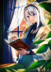 Rule 34 | 1girl, blush, book, breasts, commentary request, curtains, enemy lifebuoy (kancolle), hairband, indoors, jacket, jewelry, kantai collection, leaf, long hair, long sleeves, necklace, purple eyes, reading, sagiri (kancolle), silver hair, sitting, skirt, smile, sunlight, sweater, unowen, window