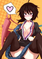 Rule 34 | 1girl, :p, asymmetrical wings, black hair, black thighhighs, blush, breasts, censored, cleavage, convenient censoring, female focus, heart, houjuu nue, kitunemimi, looking at viewer, no bra, no panties, nyakonro (nekonro), red eyes, short hair, sitting, small breasts, snake, solo, spoken heart, thighhighs, tongue, tongue out, touhou, wings