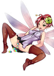 Rule 34 | 10s, 1girl, chain chronicle, egg laying, fairy, gem, green eyes, mini person, minigirl, pirika (chain chronicle), pointy ears, pussy, red hair, simple background, stmast, uncensored, wings