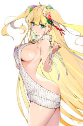Rule 34 | 1girl, absurdres, aran sweater, ass, backless dress, backless outfit, bare back, bare shoulders, blonde hair, blue eyes, blush, breasts, cable knit, drawstring, dress, halterneck, heart, heart-shaped pupils, highres, large breasts, long hair, looking at viewer, meme attire, naked sweater, nike (nike1060), original, ribbed sweater, sideboob, simple background, solo, sweater, sweater dress, symbol-shaped pupils, turtleneck, turtleneck sweater, twintails, virgin killer sweater