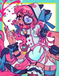 Rule 34 | 1girl, absurdres, animal ears, apron, aqua border, armband, asymmetrical legwear, bad link, bandaid, bandaid on arm, bandaid on hand, bandaid on leg, bleeding from forehead, blood, blue armband, blue bracelet, blue ribbon, blunt bangs, blush, border, bracelet, bright pupils, buttons, cat ears, cat tail, cowboy shot, dark-skinned female, dark skin, decora, dot nose, dripping, eyepatch, floating hair, frilled armband, frilled bracelet, frilled garter, frills, garter straps, grey eyes, hair bun, hand on own hip, hand up, hat, heart, heart apron, heart eyepatch, highres, holding, holding syringe, jewelry, kerberos (kerbe ), leaning, leaning forward, long eyelashes, long hair, looking at viewer, mismatched legwear, multicolored nails, nurse, nurse cap, open mouth, original, outstretched hand, pill, pill hair ornament, pill on tongue, pink blood, pink hair, pink trim, puffy short sleeves, puffy sleeves, ribbon, sharp teeth, shirt, short sleeves, simple background, skirt, solo, sparkle, splatter, standing, sticker, sticker on face, syringe, tail, tail ornament, tail ribbon, teeth, three quarter view, tongue, tongue out, v-shaped eyebrows, very long hair, waist apron, white background, white hat, white shirt, white skirt, wing collar, yami kawaii