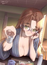 Rule 34 | blush, breasts, brown hair, choko (cup), chopsticks, cleavage, collarbone, commission, cup, glasses, green eyes, hand on own cheek, hand on own face, highres, holding, holding cup, japanese clothes, kimono, makishima azusa, medium breasts, muv-luv, parted bangs, sakaki chizuru, skeb commission, smile, solo, sunlight