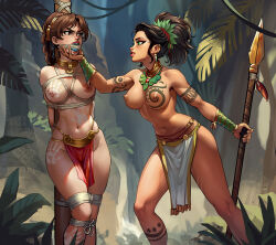 2girls bdsm black_hair blush bondage bound braid braided_ponytail breasts brown_hair dark-skinned_female dark_skin earrings forest gag groin hair_ornament hair_scrunchie hand_on_another&#039;s_chin holding holding_polearm holding_weapon jewelry lara_croft large_breasts lipstick long_hair looking_at_another makeup multiple_girls nature navel nipples outdoors polearm ponytail red_lips red_scrunchie sane-person scrunchie shiny_skin spear standing tattoo thighs tomb_raider tooth_earrings tree tribal tribal_tattoo weapon yuri