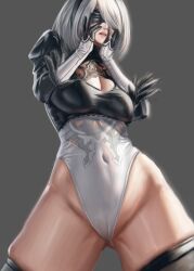 Rule 34 | 1girl, 2b (nier:automata), black blindfold, black hairband, black thighhighs, blindfold, breasts, cameltoe, cleavage, clothing cutout, commentary, covered erect nipples, covered eyes, covered navel, feather-trimmed sleeves, feather trim, foreshortening, gloves, groin, hairband, hands on own face, highleg, highleg leotard, highres, juliet sleeves, leotard, lips, long sleeves, medium breasts, mole, mole under mouth, nier:automata, nier (series), open mouth, penti, puffy sleeves, short hair, simple background, skindentation, solo, thighhighs, white hair, white leotard