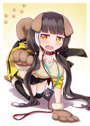 Rule 34 | 1girl, all fours, animal collar, animal ears, animal hands, black hair, blush, breasts, collar, dog ears, dog tail, embarrassed, girls&#039; frontline, gloves, gradient background, harada (sansei rain), heterochromia, highres, large breasts, leash, paw gloves, paw pose, paw print, paw print background, pleated skirt, ro635 (girls&#039; frontline), skirt, solo, tail, thighhighs, yellow eyes, yes