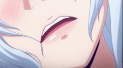Rule 34 | 1boy, 1girl, animated, animated gif, areola slip, blue hair, blush, breasts, chidorigafuchi aine, cleavage, close-up, cloud, hair in own mouth, heavy breathing, hida kizuna, large breasts, lowres, masou gakuen hxh, sky, sweat, torn clothes