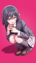 Rule 34 | 1girl, black hair, black jacket, black socks, black thighhighs, blazer, bob cut, bow, bowtie, brown footwear, checkered clothes, checkered skirt, commentary request, deadnooodles, dot nose, fang, grey skirt, hair between eyes, highres, jacket, kneehighs, light blush, long sleeves, looking at viewer, love live!, love live! nijigasaki high school idol club, mifune shioriko, open mouth, over-kneehighs, own hands together, pink background, shirt, shoes, short hair, simple background, skirt, socks, solo, squatting, thighhighs, white shirt, wing collar, yellow bow, yellow bowtie, yellow eyes