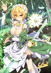 Rule 34 | 1girl, apron, blonde hair, braid, breasts, brooch, cleavage, cropped legs, detached collar, dress, flower, flower knight girl, french braid, green dress, headdress, highres, jewelry, large breasts, looking at viewer, mizunashi (second run), nature, short hair, smile, solo, suiren (flower knight girl), thighhighs, yellow eyes