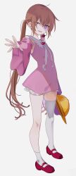 Rule 34 | 1girl, arched back, asymmetrical legwear, brooch, brown hair, commentary request, detached sleeves, dress, from side, full body, grin, hat, heart, heart brooch, highres, holding, holding clothes, holding hat, jewelry, long hair, looking at viewer, looking to the side, mary janes, microphone, neck ribbon, outstretched hand, pink dress, purple eyes, ribbon, school hat, sharp teeth, shoes, short dress, sideways glance, single sock, single thighhigh, sleeveless, sleeveless dress, smile, socks, solo, standing, teeth, thighhighs, tsukuyomi ai, twintails, uneven legwear, unworn hat, unworn headwear, very long hair, voiceroid, white background, white ribbon, wide sleeves, yodare (3yami8)