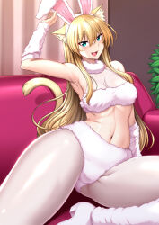 Rule 34 | 1girl, animal ear fluff, animal ears, aqua eyes, arm up, arm warmers, armpits, bare shoulders, blonde hair, bow, breasts, cat ears, cat tail, fake animal ears, fang, fur collar, hair between eyes, halterneck, high heels, highleg, highres, indoors, large breasts, long hair, looking at viewer, navel, nokoppa, open mouth, original, pantyhose, rabbit ears, see-through, sitting, solo, tail, white pantyhose