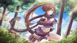 Rule 34 | 1girl, belt, bike shorts, breasts, brown hair, cleavage, crop top, crystalline, dagger, dual wielding, dutch angle, elbow gloves, gloves, green eyes, hair ribbon, highres, holding, kara noir, knife, kunai, large breasts, light smile, lips, long hair, microskirt, ninja, ponytail, pouch, reverse grip, ribbon, running, scarf, shorts, shorts under skirt, skirt, solo, sunimu, thigh pouch, vambraces, weapon