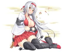 Rule 34 | 10s, 1girl, black footwear, black thighhighs, blush, boots, breasts, brown eyes, brown gloves, covered erect nipples, fingerless gloves, gloves, hairband, japanese clothes, kantai collection, long hair, armored boots, open clothes, open mouth, satou samu, shoukaku (kancolle), silver hair, simple background, sitting, skirt, solo, thigh boots, thighhighs, very long hair, white background, yokozuwari