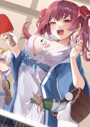 Rule 34 | 2girls, absurdres, amane kanata, ball, bath yukata, bottle, breasts, cup, earrings, hair ribbon, halo, heterochromia, highres, hololive, houshou marine, japanese clothes, jewelry, kimono, large breasts, long hair, multiple girls, onsen, open clothes, open mouth, paddle, pomp (qhtjd0120), red eyes, red hair, red ribbon, ribbon, sake bottle, star halo, table tennis, table tennis ball, table tennis paddle, twintails, virtual youtuber, washbowl, wide sleeves, yellow eyes, yukata