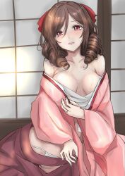 Rule 34 | 1girl, absurdres, bandages, bandages around chest, bare shoulders, blush, bow, breasts, brown hair, chest sarashi, cleavage, collarbone, commentary, drill hair, hair between eyes, hair bow, hair ribbon, harukaze (kancolle), highres, indoors, japanese clothes, jewelry, kantai collection, ken (shutenndouji1), kimono, long hair, long sleeves, looking at viewer, medium breasts, meiji schoolgirl uniform, off shoulder, open clothes, open kimono, open mouth, panties, partially undressed, pink kimono, red eyes, ribbon, ring, sarashi, sash, shouji, sitting, sliding doors, solo, tatami, teeth, twin drills, underwear, undone sarashi, upper teeth only, wedding ring, wide sleeves