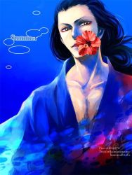 Rule 34 | 1boy, artist name, black hair, blue background, collarbone, eyeshadow, flower, izou (one piece), japanese clothes, kamuna8046z, kimono, long hair, looking at viewer, makeup, male focus, mouth hold, one piece, red eyeshadow, red flower, shade, simple background, solo, source request, upper body, yellow eyes