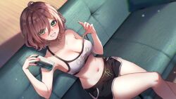Rule 34 | 1girl, black shorts, blush, breasts, can, chan hone pkpk, collarbone, commentary, commission, cowlick, dolphin shorts, drawstring, english commentary, green eyes, hair between eyes, holding, holding can, indie virtual youtuber, looking at viewer, medium breasts, miori celesta, miori celesta (6th costume), musical note, navel, parted lips, short hair, shorts, skeb commission, smile, solo, sports bra, stomach, strap pull, virtual youtuber, white sports bra