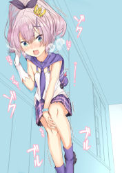 Rule 34 | 1girl, aqua eyes, azur lane, blue background, blue capelet, blue footwear, blush, boots, bracelet, breath, capelet, cross, crown, embarrassed, eyes visible through hair, female focus, from below, gloves, hair between eyes, hair ornament, hair ribbon, hairclip, hand up, have to pee, heart, high ponytail, indoors, japanese text, javelin (azur lane), jewelry, leaning, leg up, mini crown, miniskirt, moaning, nose blush, open mouth, plaid, plaid skirt, pleated skirt, popitin pontin, purple hair, purple ribbon, purple skirt, ribbon, saliva, shirt, single glove, skirt, sleeveless, sleeveless shirt, solo, spoken heart, standing, standing on one leg, tears, teeth, text focus, tilted headwear, translation request, trembling, white gloves, white shirt