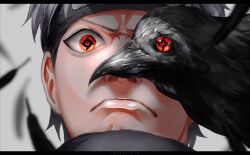 Rule 34 | 1boy, angry, bird, black bird, black hair, chinese commentary, closed mouth, commentary request, crow, forehead protector, furious, highres, ibuo (ibukht1015), looking at viewer, male focus, mangekyou sharingan, naruto (series), naruto shippuuden, orange eyes, red eyes, sharingan, short hair, solo, uchiha shisui