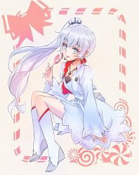 Rule 34 | 1girl, blue eyes, boots, candy, commentary request, dress, earrings, food, hair ornament, high heel boots, high heels, iesupa, jacket, jewelry, knee boots, lollipop, necklace, ponytail, rwby, scar, scar across eye, scar on face, solo, tongue, tongue out, weiss schnee, white dress, white footwear, white hair