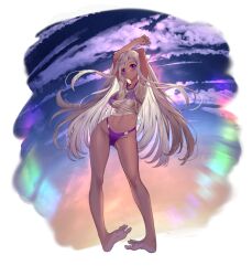 Rule 34 | 1girl, alternate costume, arm above head, arm behind head, artist request, bare legs, bikini, blue sky, blush, closed mouth, cloud, cloudy sky, dark-skinned female, dark skin, final gear, floating hair, full body, highres, hip bones, leangle (final gear), light brown hair, long hair, looking at viewer, navel, official art, purple bikini, purple eyes, see-through, see-through shirt, see-through sleeves, shirt, short sleeves, simple background, sky, soles, solo, swimsuit, tachi-e, third-party source, tied shirt, toes, transparent background, very long hair
