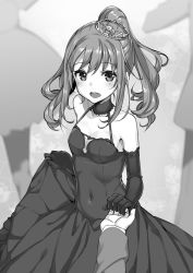 Rule 34 | 1girl, arifureta shokugyou de sekai saikyou, blush, breasts, choker, cleavage, collarbone, covered navel, dress, elbow gloves, gloves, greyscale, hair ornament, highres, holding hands, liliana heiligh, long dress, long hair, looking at viewer, medium breasts, monochrome, novel illustration, official art, open mouth, ponytail, skirt hold, sleeveless, sleeveless dress, solo focus, standing, takayaki