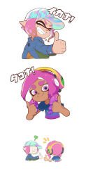 Rule 34 | 2girls, ?, baseball cap, brown hair, closed mouth, dark-skinned female, dark skin, double thumbs up, drill hair, eyebrow cut, fangs, gradient clothes, gradient hair, gradient shirt, green eyes, grin, hat, headphones, highres, inkling, inkling girl, inkling player character, iridescent, jacket, long sleeves, multicolored eyes, multicolored hair, multiple girls, nintendo, octoling, octoling girl, octoling player character, pink eyes, pink hair, pointy ears, purple hair, shirt, short sleeves, simple background, smile, splatoon (series), suction cups, t-shirt, teeth, tentacle hair, teo (teorekka), thumbs up, translation request, two-tone hair, v-shaped eyebrows, white background