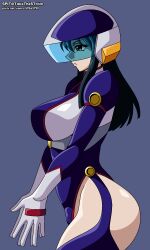 Rule 34 | 1girl, arms under breasts, artist name, ass, black eyes, black hair, blue eyes, blue leotard, breasts, curvy, expressionless, fujimura shizuru, gloves, grey background, helmet, highleg, highleg leotard, highres, huge ass, impossible clothes, impossible leotard, large breasts, leotard, long hair, shinkon gattai godannar!!, simple background, solo, spit (takethestrain), thighhighs, wide hips