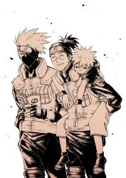 Rule 34 | 3boys, absurdres, book, carrying, carrying person, child, closed mouth, commentary, forehead protector, hatake kakashi, highres, male focus, mask, monochrome, mouth mask, multiple boys, naruto (series), ninjapongo, piggyback, short hair, simple background, smile, umino iruka, uzumaki naruto, white background