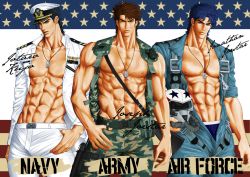 Rule 34 | 3boys, abs, alternate costume, bad id, bad pixiv id, black hair, blue hair, brown hair, camouflage, character name, dog tags, father and son, hat, helmet, jojo no kimyou na bouken, jonathan joestar, joseph joestar, joseph joestar (young), kuujou joutarou, male focus, manly, military, military hat, military uniform, multiple boys, muscular, open clothes, open shirt, peaked cap, realistic, shirt, uniform, wahrheit