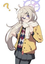 Rule 34 | 1girl, ?, absurdres, ahoge, black-framed eyewear, black pantyhose, black skirt, blonde hair, blue archive, cowboy shot, glasses, hair ornament, hairclip, halo, highres, jacket, kotama (blue archive), kotama (camp) (blue archive), long hair, long sleeves, nakare2845, open clothes, open jacket, pantyhose, parted lips, pleated skirt, ponytail, purple eyes, purple halo, scarf, simple background, skirt, solo, white background, white scarf, x hair ornament, yellow jacket