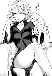 Rule 34 | 1girl, absurdres, breasts, chair, crossed legs, dress, greyscale, highres, hotate-chan, looking at viewer, monochrome, on chair, one-punch man, open mouth, short hair, simple background, sitting, small breasts, solo, tatsumaki, thighs, translation request, white background