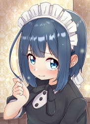 Rule 34 | 1girl, absurdres, alternate costume, ao (flowerclasse), black dress, blue eyes, blue hair, blush, closed mouth, commentary request, dress, enmaided, twirling hair, hand up, highres, indoors, looking at viewer, maid, maid headdress, minagi hiyori, puffy short sleeves, puffy sleeves, short sleeves, slow loop, solo