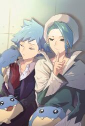Rule 34 | 2boys, anidf, blue hair, cape, closed eyes, closed mouth, collared shirt, commentary request, creatures (company), game freak, gen 3 pokemon, green eyes, green hair, green shirt, hand up, hat, highres, index finger raised, jacket, long sleeves, male focus, multiple boys, necktie, nintendo, pokemon, pokemon (creature), pokemon rse, purple vest, red necktie, shirt, short hair, sleeping, smile, spheal, steven stone, vest, wallace (pokemon), white cape, white headwear, white shirt