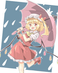 Rule 34 | 1girl, :d, arnest, blonde hair, boots, bow, crystal, fang, flandre scarlet, flat chest, foot out of frame, happy, hat, hat bow, holding, holding umbrella, low wings, mob cap, one side up, open mouth, outline, petite, rain, red bow, red eyes, red skirt, red vest, rubber boots, short hair, simple background, skin fang, skirt, skirt set, smile, solo, standing, standing on one leg, touhou, umbrella, vest, white outline, wings