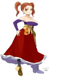 Rule 34 | 1girl, bad id, bad twitter id, bare shoulders, breasts, brown eyes, brown hair, cleavage, closed mouth, dragon quest, dragon quest viii, dress, earrings, jessica albert, jewelry, large breasts, long hair, looking at viewer, mota, pantyhose, purple shirt, shirt, simple background, solo, twintails, white background
