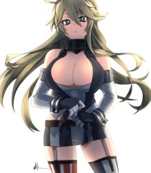 Rule 34 | 1girl, american flag legwear, asymmetrical legwear, bad id, bad pixiv id, bare shoulders, blonde hair, blue eyes, breasts, cleavage, elbow gloves, fingerless gloves, front-tie top, garter straps, gloves, highres, iowa (kancolle), kantai collection, large breasts, long hair, looking at viewer, miniskirt, mismatched legwear, nmz (namazu), simple background, skirt, solo, star-shaped pupils, star (symbol), striped clothes, striped skirt, striped thighhighs, symbol-shaped pupils, thighhighs, vertical-striped clothes, vertical-striped skirt, vertical-striped thighhighs