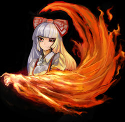 Rule 34 | 1girl, arugeri, blunt bangs, bow, female focus, fire, fujiwara no mokou, hair bow, hime cut, large bow, long hair, parody, red eyes, silver hair, snk, solo, suspenders, the king of fighters, touhou, upper body