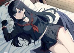 Rule 34 | 1girl, bed, bed sheet, black choker, black gloves, black hair, black sailor collar, black serafuku, black skirt, black wings, blue archive, blue eyes, blush, breasts, choker, closed mouth, collarbone, feathered wings, gloves, highres, ichika (blue archive), long hair, long sleeves, low wings, medium breasts, neckerchief, pillow, pleated skirt, pout, red neckerchief, ryouta (ryouta335), sailor collar, school uniform, serafuku, skirt, solo, translation request, wings