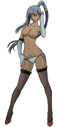 Rule 34 | 1girl, adjusting hair, bikini, bikini bottom only, breasts, cleavage, code geass, dark-skinned female, dark skin, elbow gloves, female focus, full body, gloves, large breasts, long hair, long image, nipples, ponytail, sawwei005, silver hair, simple background, solo, swimsuit, tall image, thighhighs, villetta nu, white background, yellow eyes