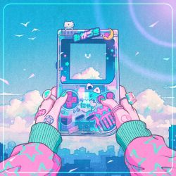 Rule 34 | 1other, ambiguous gender, bandages, bird, blue sky, border, city, cityscape, cloud, commentary request, crescent moon, cumulonimbus cloud, game boy, handheld game console, jewelry, lens flare, moon, multiple rings, original, pink sleeves, ring, sky, sleeves past wrists, solo, sticker, tagme, wacca005