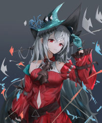 Rule 34 | 1girl, absurdres, arknights, ascot, bare shoulders, black ascot, blue gloves, blue headwear, chitangbujiayan, clothing cutout, commentary, dress, gloves, grey background, hand up, highres, infection monitor (arknights), navel, navel cutout, official alternate costume, red dress, red eyes, silver hair, simple background, skadi (arknights), skadi the corrupting heart (arknights), solo, upper body