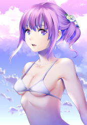 Rule 34 | 1girl, bikini, blue sky, breasts, collarbone, day, drill hair, flower, gradient background, hair flower, hair ornament, highres, looking at viewer, one side up, original, outdoors, parted lips, purple background, purple eyes, purple hair, rose, saigado, skinny, sky, small breasts, solo, strap gap, swimsuit, upper body, white bikini, yellow flower, yellow rose