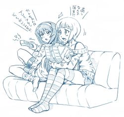 Rule 34 | bbb (friskuser), blue theme, controller, couch, cutlass (girls und panzer), girls und panzer, girls und panzer saishuushou, hairband, long hair, long sleeves, mark iv tank, military, military vehicle, monochrome, motor vehicle, multiple girls, off shoulder, open mouth, pillow, reizei mako, remote control, short hair, shorts, tank, translated