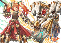 Rule 34 | armor, bare shoulders, blonde hair, fang, fingerless gloves, gloves, hammer, mecha, midriff, multicolored hair, open mouth, orange hair, original, over shoulder, ran&#039;ou (tamago no kimi), red eyes, red hair, robot, weapon, weapon over shoulder